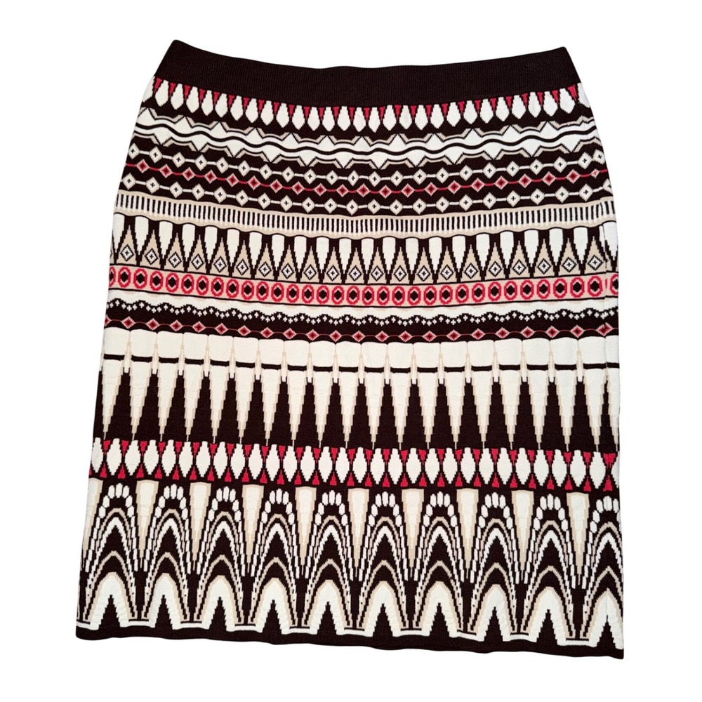 Etcetera Brown Geometric Jacquard Knit Pencil Skirt Red Cream Fair Isle Medium